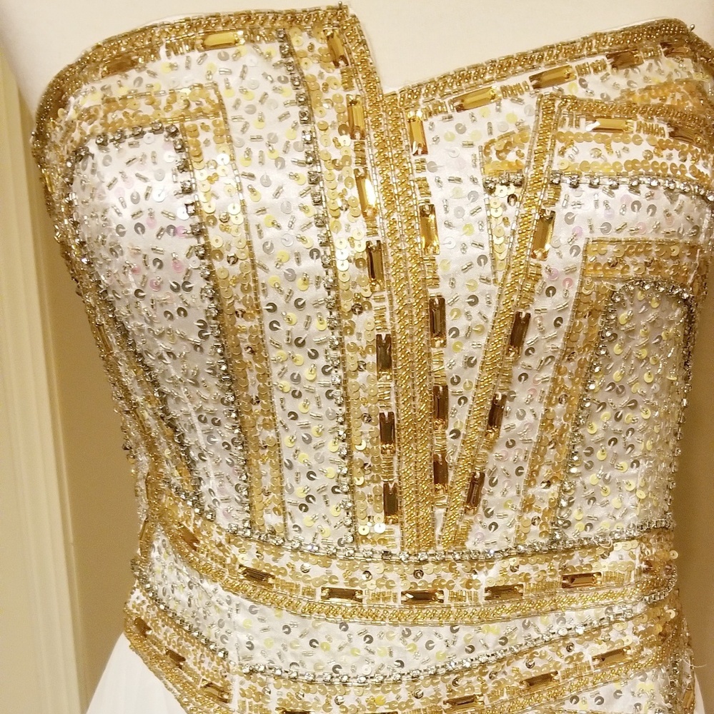 Terani Couture Gold White Pageant Wedding Dress